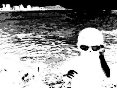 Black and white alien with distant landscape in background