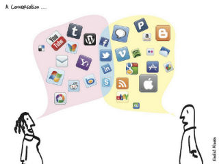 Drawing of two people talking to each other with speech bubbles full of social media icons